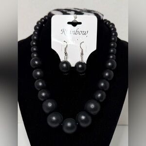 Set of Black Graduating Wood Bead Necklace and Dangle Hook Earring NWT